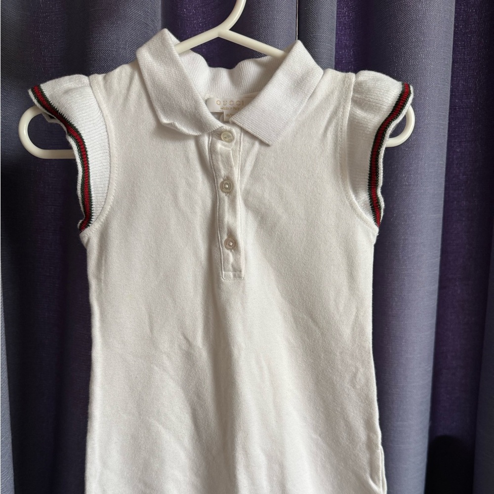 Gucci White Polo Onesie with Red and Green Striped Sleeves